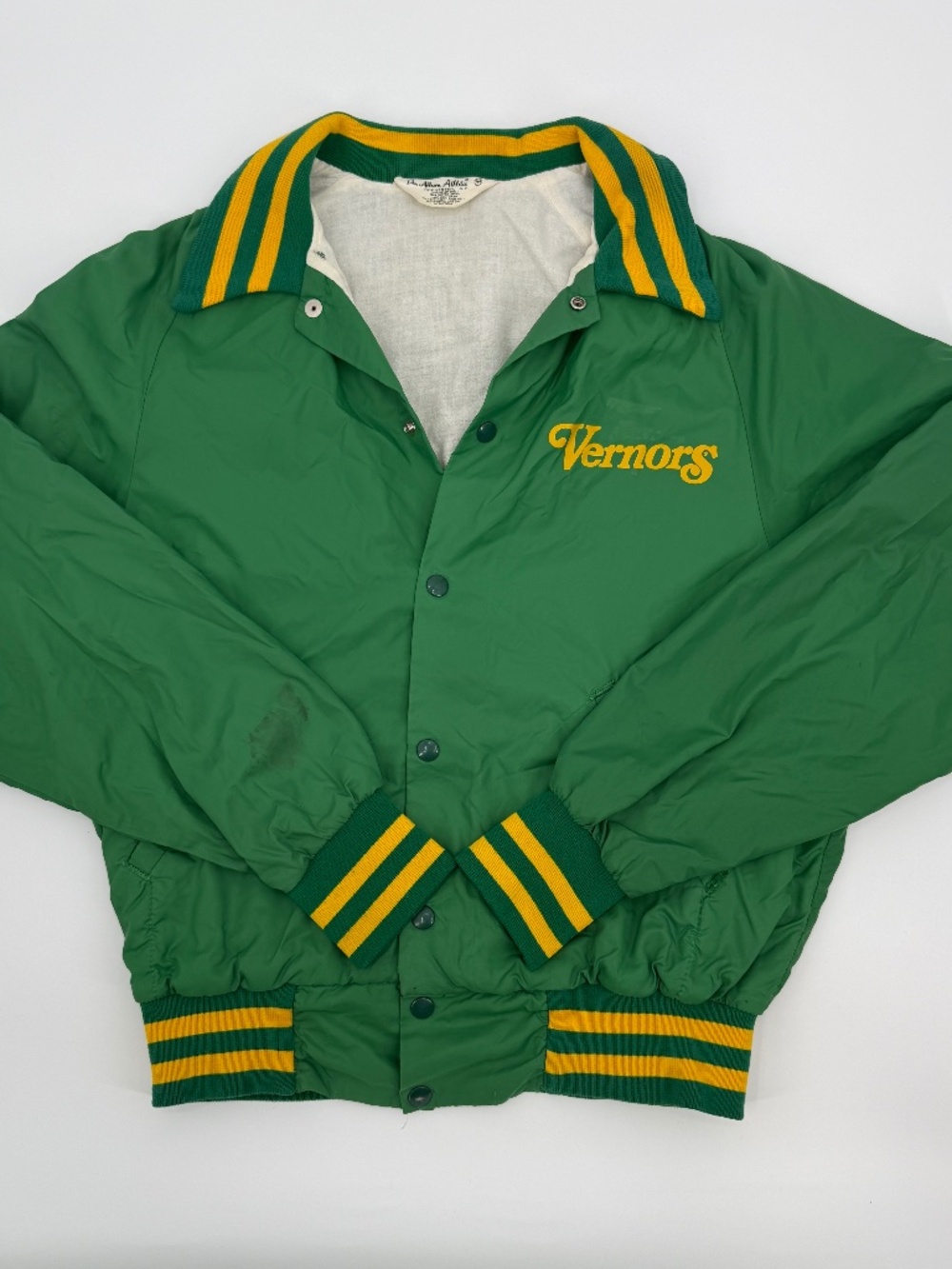 Vintage 70s Vernors Ginger Ale Nylon Varsity Jacket Don Alleson Athletic Green M